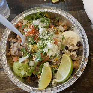 Bowl with cilantro lime rice, chicken and steak. YUMMY!!