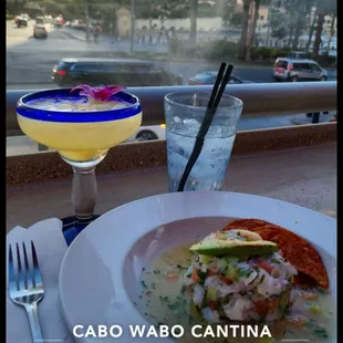 Passion fruit margarita and shrimp ceviche