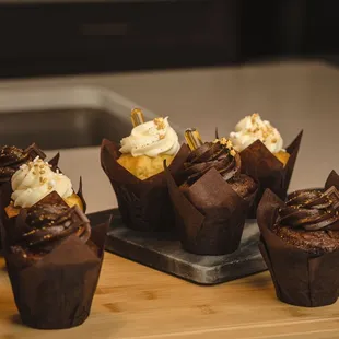 chocolate cupcakes on a cutting board