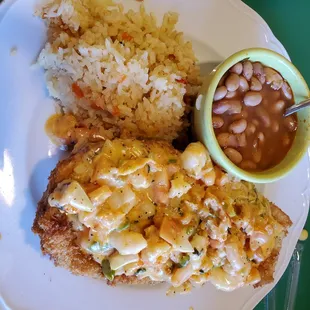 Deep fried eggplant half full of seafood and cream sauce with Parmigiano and monterrey jack cheese. So freaking good!