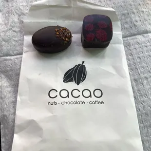 Raspberry Chocolate (Vegan) and Passion fruit chocolate (gluten free, Dairy free I think)