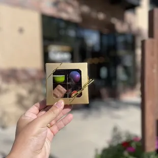 Chocolate Chai (bottom right), lavender truffle (top right), key lime truffle(top left), milk chocolate ganache (bottom left)