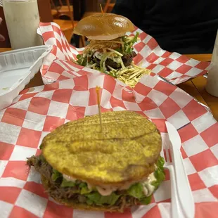 Beef Patacon in the front and look at the Venezuelan Burger aka Maracucha there in the back