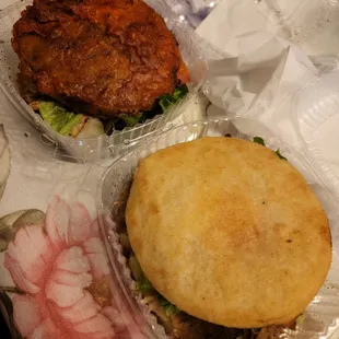 Grilled Chicken Sweet Plantain Sandwich and Fried Corn Meal Cake with Roast Pork