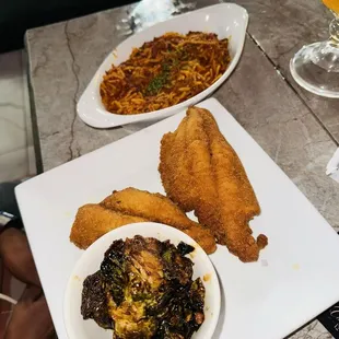 Fish, Brussel sprouts, &amp; spaghetti