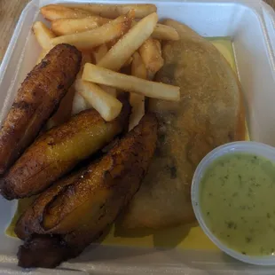Empanada  meal with added sweet plantains. I got the black bean and cheese one.