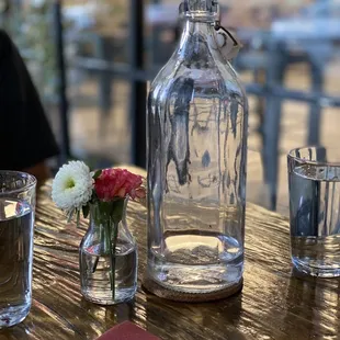 a bottle of water and a glass of water on a table