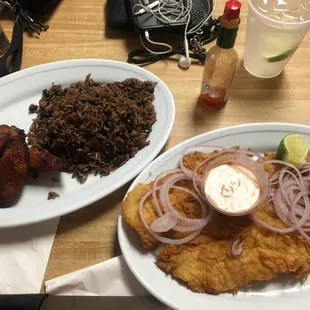 Morro rice, sweet plantains and fried catfish.  With Tabasco on the side