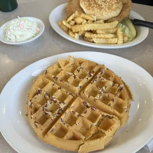 Pecan waffle &amp; pork sandwich
