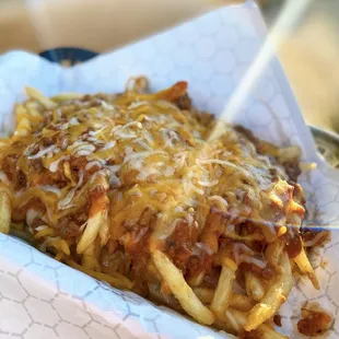 Chili cheese fries with home made chili.