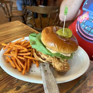 Hot chicken sandwich with sweet potato fries