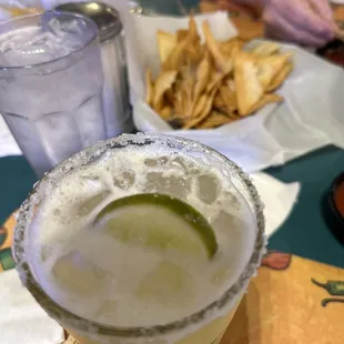 Margaritas and flour tortilla chips (you pay extra for the flour chips, but they are worth it.