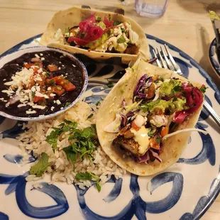 Mahi tacos rice and beans