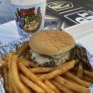 Cactus Jack Burger, seasoned fries and Stonefruit Lemonade