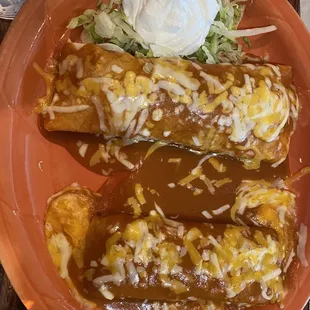 Enchilada and shredded beef burrito