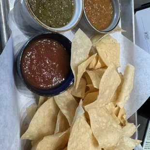 Chips and salsa.  The three different salsas were all very tasty.