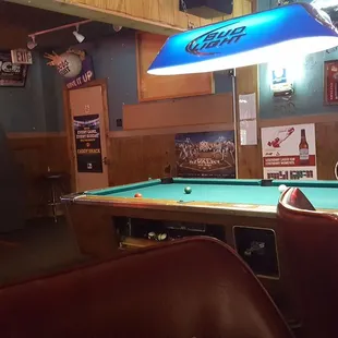 a pool table and a bar