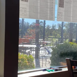 a view of a patio through a window