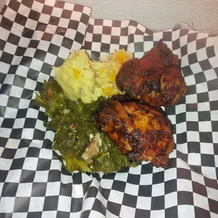 Bbq Chicken with collards and mashers