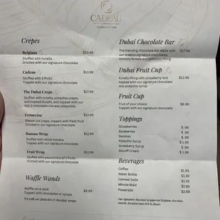 Dessert menu with pricing