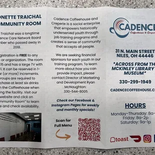 Mission statement, QR code for online menu, hours, address