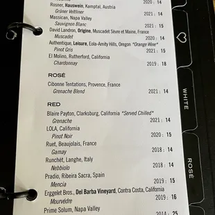 Recent wines by the glass menu 7/9/22