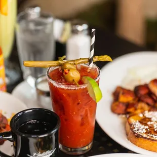 a plate of food and a drink