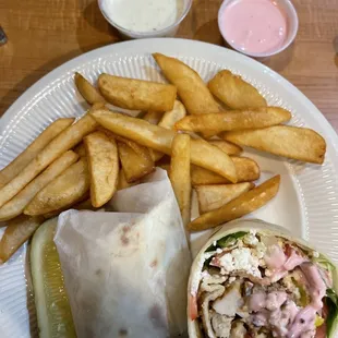 Greek Chicken Wrap French Fries Ranch &amp; Greek Dressing.