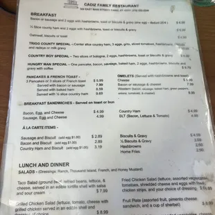 the menu and prices