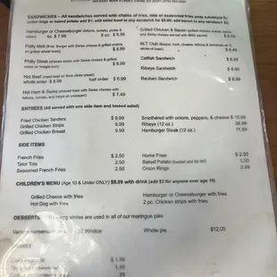 the menu and prices