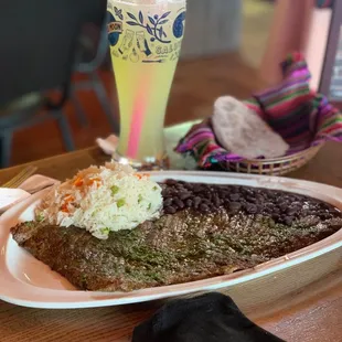 Black beans, steak, and rice