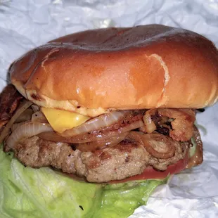 Bacon onion cheeseburger -- onions just sauteed, not grilled in. Meat low on flavor.