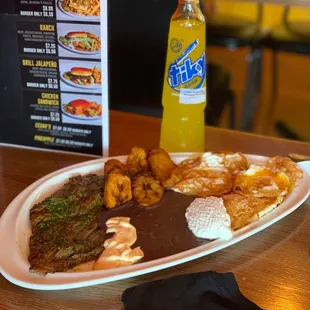 Black beans, plantains, steak, and eggs