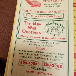 Take out menu