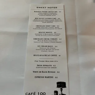 Dessert menu