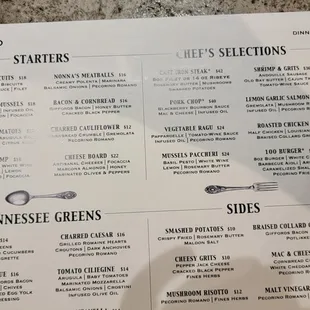 Main dinner menu