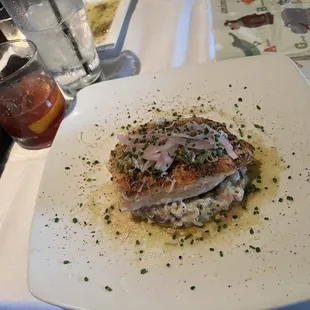 Lemon Garlic Salmon with Mushroom Risotto and a classic Old Fashioned.