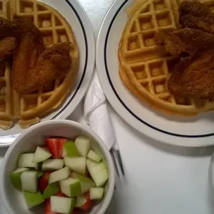 Chicken n Waffles ;)  Complimentary fresh fruit just because :)