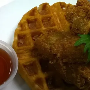 And, of course, our Chicken &amp; Waffles!  Two crispy-fried chicken wings (real chicken, bwaa haaa) and fluffy/crispy Belgian waffle!  Yes!