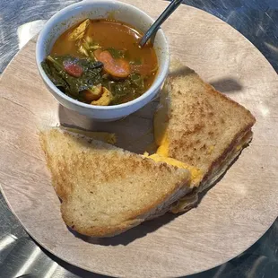 Chicken, veggie and barley soup with a classic grilled cheese.