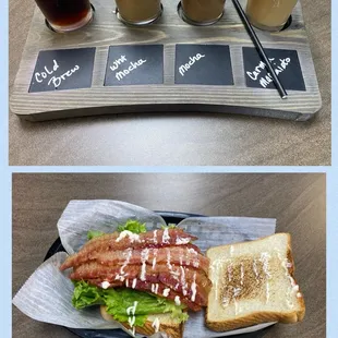 They have a whole coffee flight menu! And a standard BLT below.