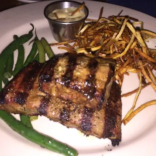 Steak and shoestring fries.