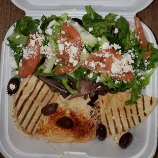 Mediterranean Plate... lots of yummy hummus with 4 pieces of pita bread &amp; a salad...