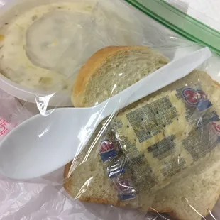 Corn and sausage chowder and warm fresh bread.