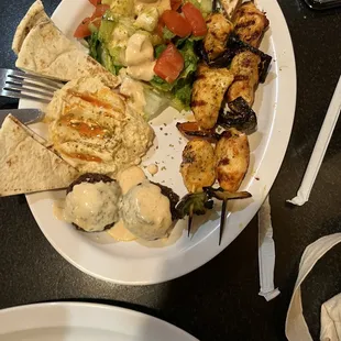 Chicken kabob plate and falafel