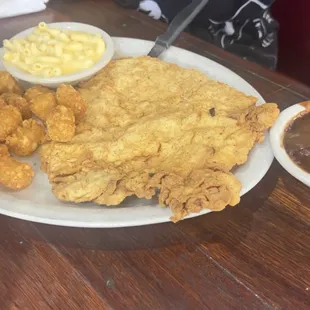 Chicken fried chicken  Tater Tots Mac &amp; Cheese