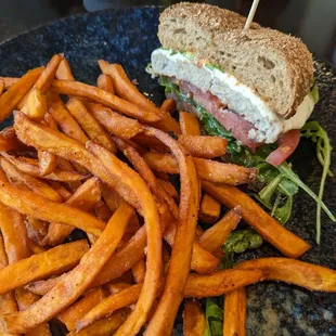 Half of Grilled Natural Turkey Burger with Sweet Potato Fries~