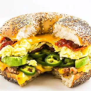 Chorizo bagel with jalapeño only at cafe 33