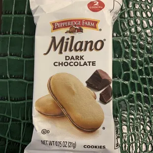 a bag of pepperidge farm milano dark chocolate cookies
