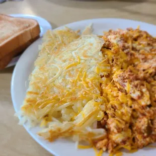 3 egg scramble with chorizo and cheddar cheese. Side of toast and hashbrowns